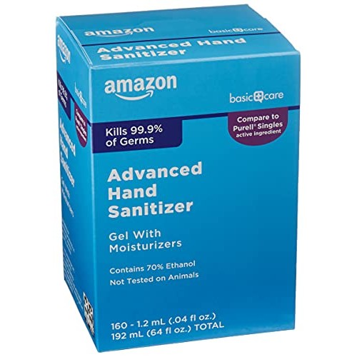 Amazon Basic Care Advanced Hand Sanitizer, 160 Individual Gel Packets, Kills ...