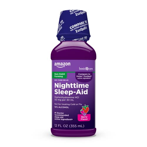 Amazon Basic Care Night Time Sleep-Aid Liquid, Helps You Fall Asleep, Relieve...