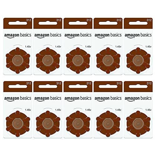 Amazon Basics 1.45 Volt Hearing Aid Batteries, Brown Tab - Pack of 60, Size 3...