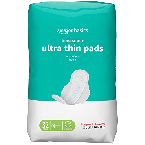 Amazon Basics Ultra Thin Pads with Flexi-Wings for Periods, Long Length, Supe...