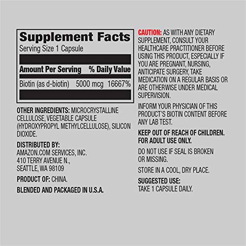 Amazon Elements Vegan Biotin 5000 mcg - Hair, Skin, Nails - 130 Capsules (4 m...