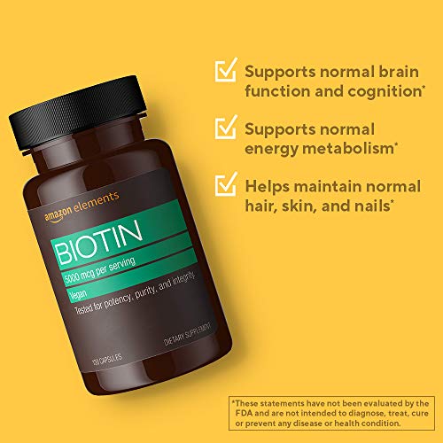 Amazon Elements Vegan Biotin 5000 mcg - Hair, Skin, Nails - 130 Capsules (4 m...