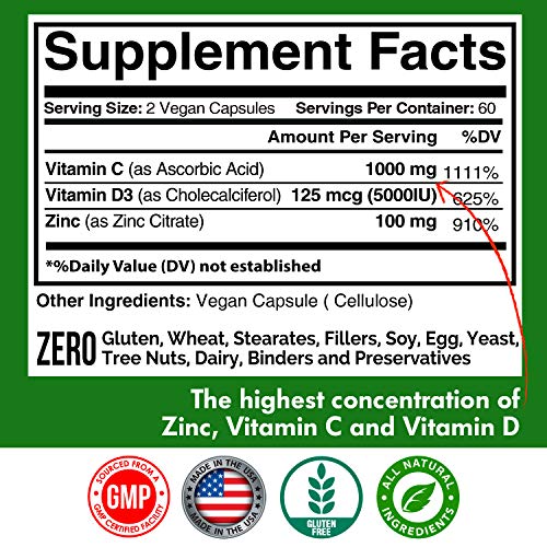 Zinc 100mg, Vitamin C 1000mg, Vitamin D 5000IU per Serving, Immune Support fo...