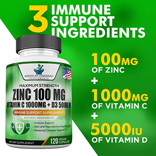 Zinc 100mg, Vitamin C 1000mg, Vitamin D 5000IU per Serving, Immune Support fo...