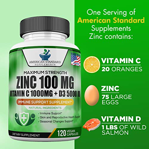 Zinc 100mg, Vitamin C 1000mg, Vitamin D 5000IU per Serving, Immune Support fo...