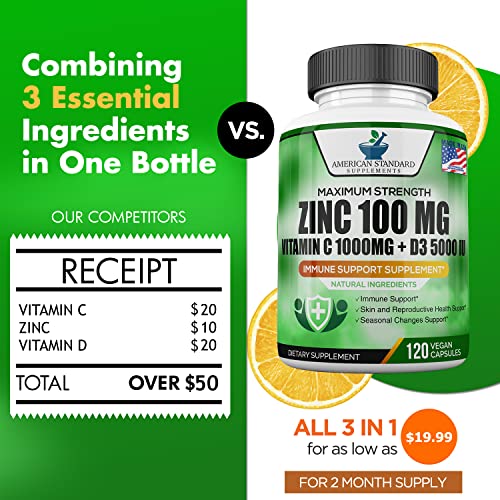 Zinc 100mg, Vitamin C 1000mg, Vitamin D 5000IU per Serving, Immune Support fo...