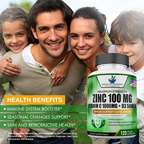 Zinc 100mg, Vitamin C 1000mg, Vitamin D 5000IU per Serving, Immune Support fo...