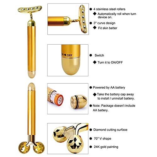 Face Massager Roller Golden Electric 3D Roller and T Shape Facial Massager Ki...