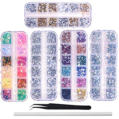 6400pcs Nail Art Rhinestones Nail Crystal Gems Nail Diamonds, Gold Silver Nai...