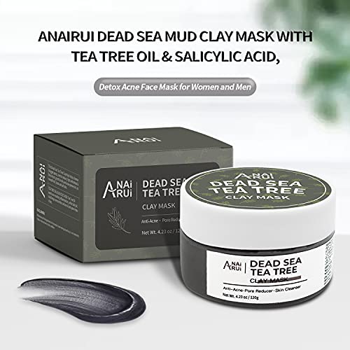ANAIRUI Dead Sea Mud Mask with Tea Tree Oil & Salicylic Acid, Charcoal, Black...
