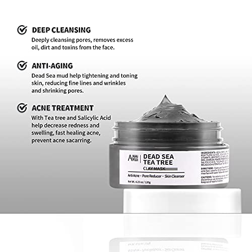 ANAIRUI Dead Sea Mud Mask with Tea Tree Oil & Salicylic Acid, Charcoal, Black...
