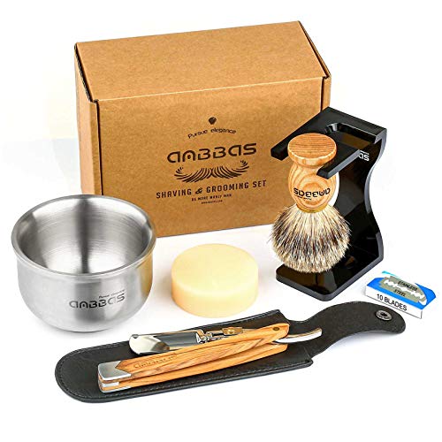 Anbbas Shaving Set with Badger Brush,Stand and Bowl,Shaving Soap,Straight Raz...
