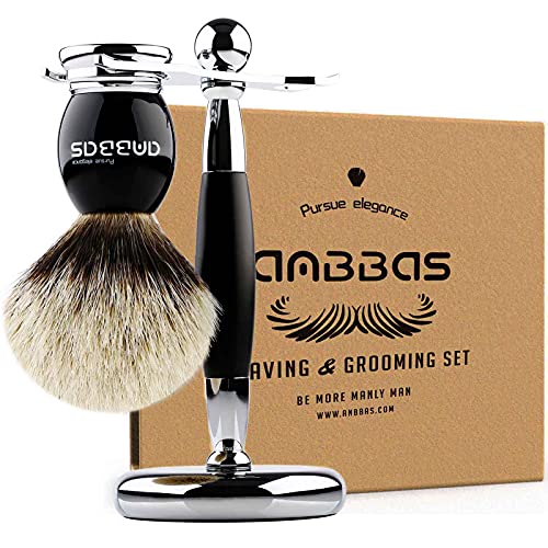 Shaving Brush and Stand, Anbbas Silvertip Badger Hair Brush Set with Stainles...