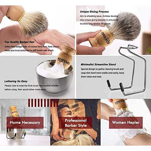 Shaving Set, 3in1 Pure Badger Hair Shaving Brush Natural Solid Wood Handle an...