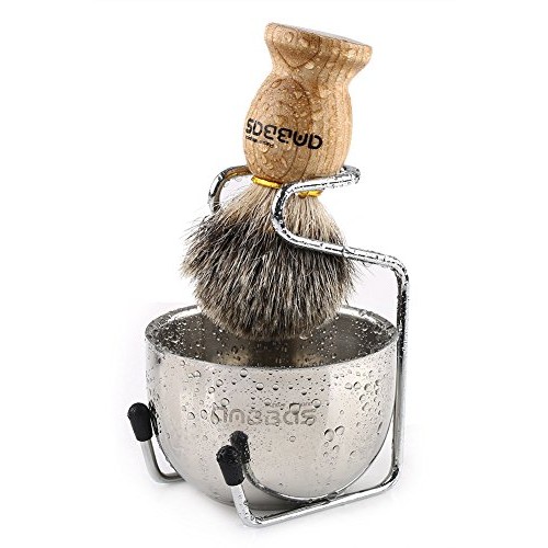 Shaving Set, 3in1 Pure Badger Hair Shaving Brush Natural Solid Wood Handle an...