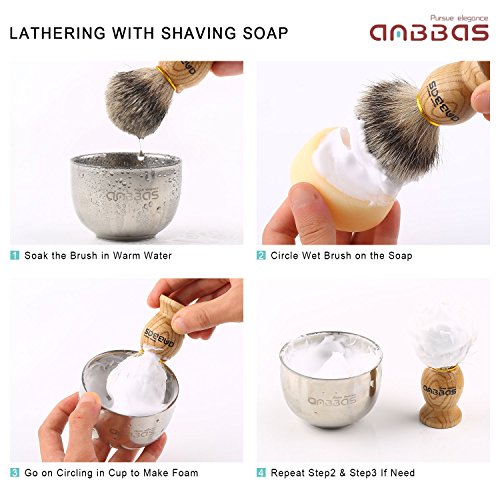 Shaving Set, Anbbas 4in1 Pure Badger Hair Shaving Brush Solid Manchurian Ash ...
