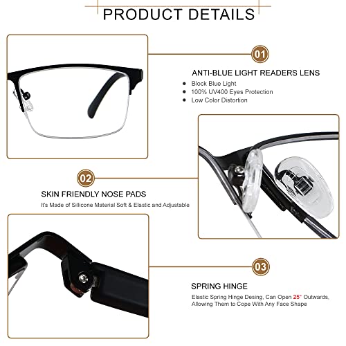 Reading Glasses Readers for Men Blue Light Blocking 3 PACK Metal Rectangle Co...