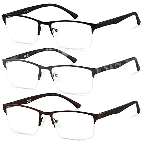 Reading Glasses Readers for Men Blue Light Blocking 3 PACK Metal Rectangle Co...