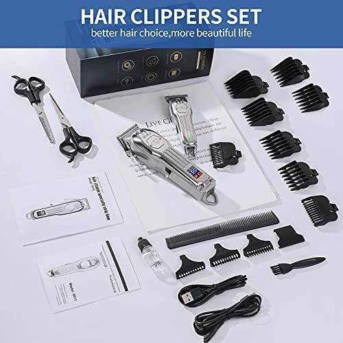 Hair Clippers for Men Full Metal Cordless Close Cutting T-Blade Trimmer Kit w...
