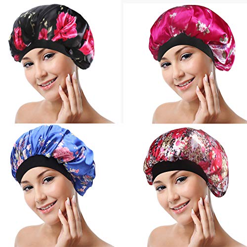 4 Pack Soft Satin Sleeping Cap Wide Band Salon Bonnet Silk Night Sleep Hat Ha...
