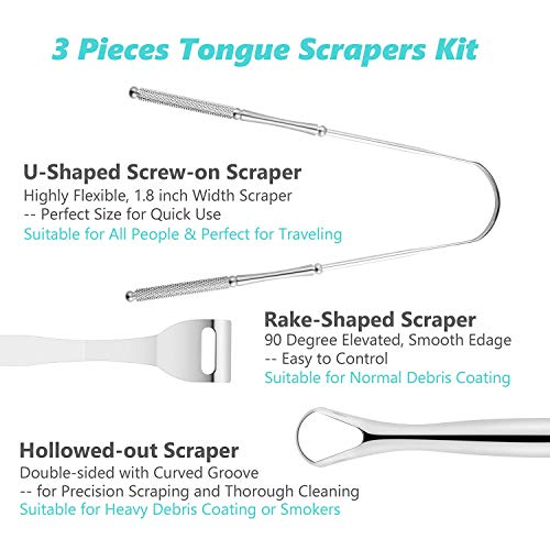 3 PCS Tongue Scraper for Adults, Stainless Steel Tongue Cleaner with Carry Tr...