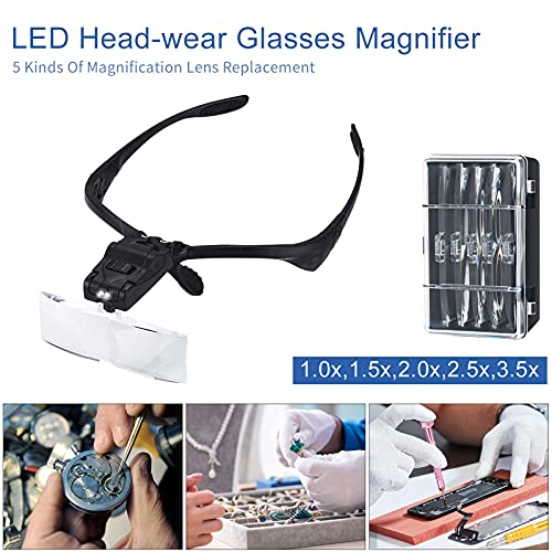 Q-COOL Magnifier Glasses w/ LED Light for Lash Extensions - 3 Lenses Magnifie...