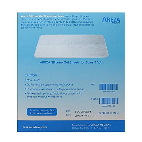 Silicone Gel Sheets for Scars 4" x 4" Three Sheets Per Box; By Areza Medical