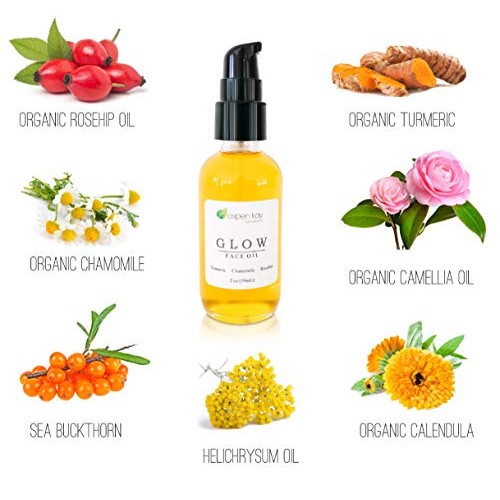 Glow - Turmeric & Rosehip Face Oil, Natural & Organic Face Moisturizer with T...