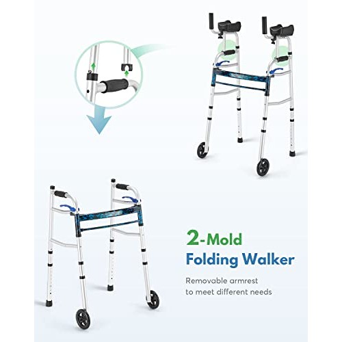 Auitoa 2 Mold Standard Folding Walker for Seniors with Detachable Armrest, St...