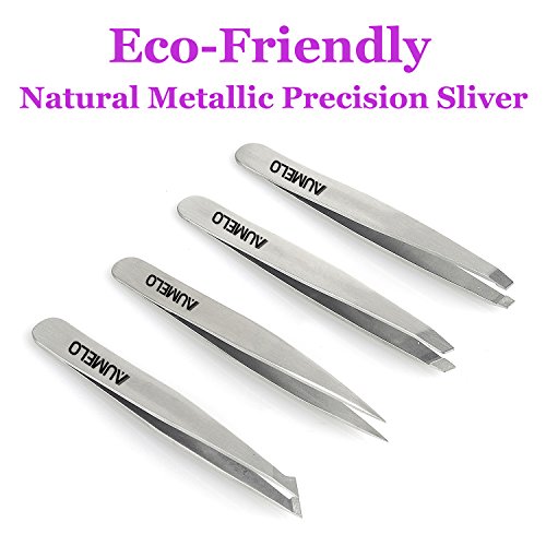 Tweezers Set 4-Piece Professional Stainless Steel Tweezers Gift with Travel C...