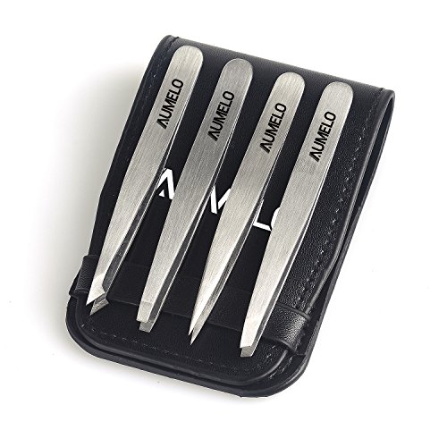 Tweezers Set 4-Piece Professional Stainless Steel Tweezers Gift with Travel C...