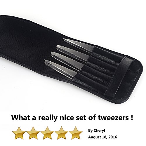 Tweezers Set 4-Piece Professional Stainless Steel Tweezers Gift with Travel C...