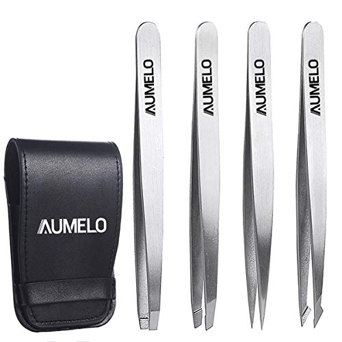 Tweezers Set 4-Piece Professional Stainless Steel Tweezers Gift with Travel C...