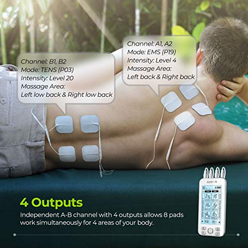 AUVON 4 Outputs TENS Unit EMS Muscle Stimulator Machine for Pain Relief Thera...