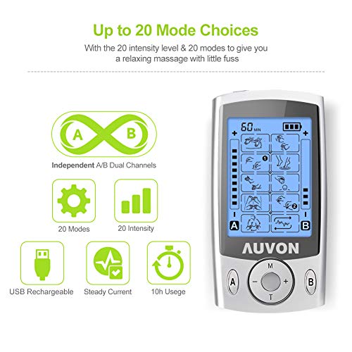 AUVON Dual Channel TENS Unit Muscle Stimulator (Family Pack), 20 Modes Rechar...