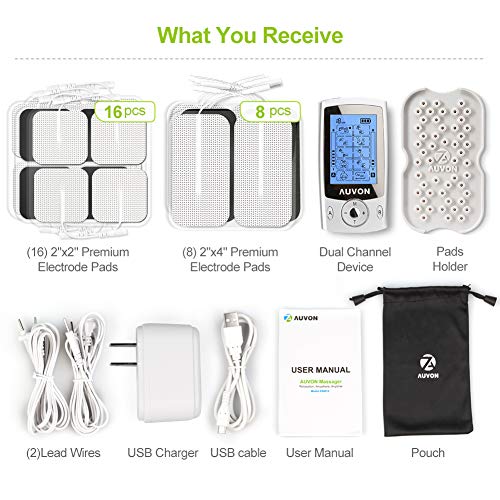 AUVON Dual Channel TENS Unit Muscle Stimulator (Family Pack), 20 Modes Rechar...
