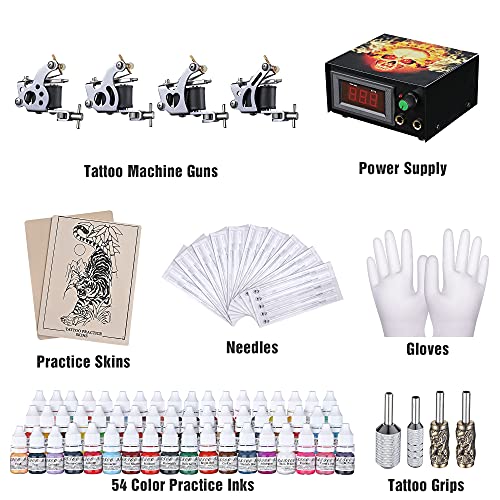 AW Tattoo Machine Complete Tattoo Kit 54 Color Ink 4 Machine Guns Set Foot Pe...