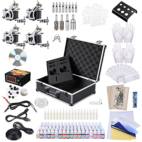 AW Tattoo Machine Complete Tattoo Kit 54 Color Ink 4 Machine Guns Set Foot Pe...