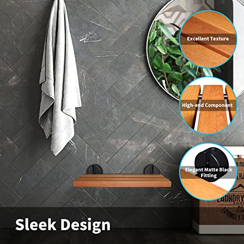 20" Folding Shower Seat Wall Mounted, Fold Down Teak Shower Bench for Small S...