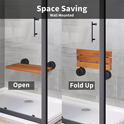 20" Folding Shower Seat Wall Mounted, Fold Down Teak Shower Bench for Small S...