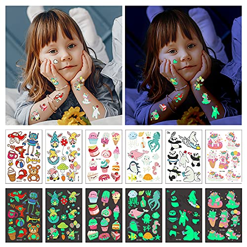 Cartoon luminous tattoo stickers for kids, 30 lovely mixed style temporary gl...