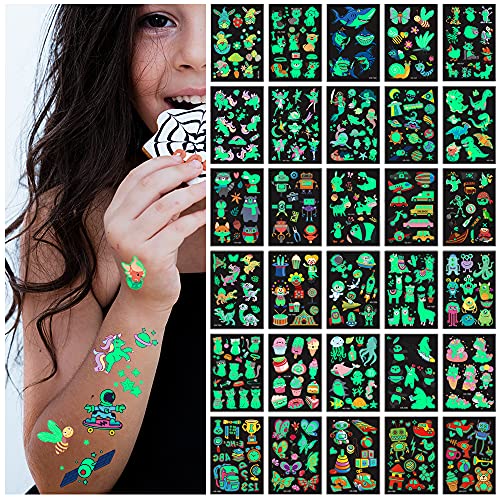 Cartoon luminous tattoo stickers for kids, 30 lovely mixed style temporary gl...