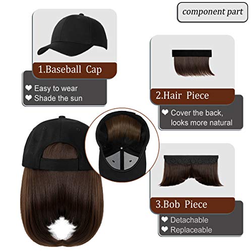 AynnQueen Baseball Cap with Hair Short Bob Hair Extensions for Women Wavy Nat...