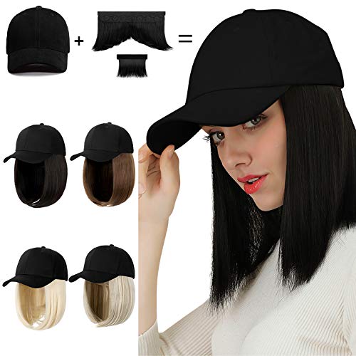 AynnQueen Baseball Cap with Hair Short Bob Hair Extensions for Women Wavy Nat...