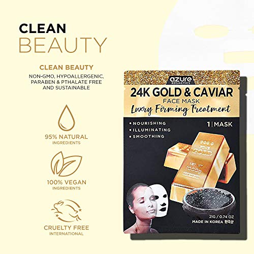 AZURE 24K Gold & Caviar Luxury Firming Facial Sheet Mask - Smoothing, Hydrati...