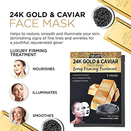 AZURE 24K Gold & Caviar Luxury Firming Facial Sheet Mask - Smoothing, Hydrati...