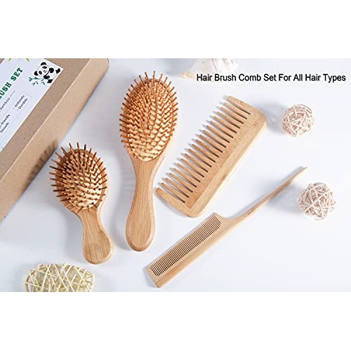 Bamboo Hair Brush Comb Set, Eco-Friendly Anti-Static Detangling Comb Hairbrus...