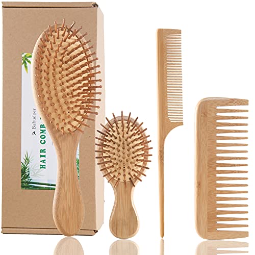 Bamboo Hair Brush Comb Set, Eco-Friendly Anti-Static Detangling Comb Hairbrus...