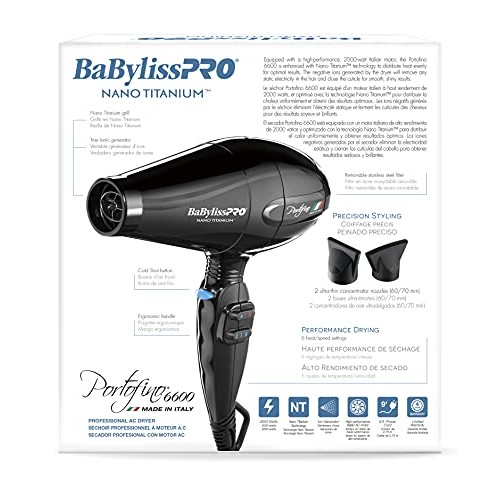 BaBylissPRO Nano Titanium Portofino Full-Size Dryer, Black