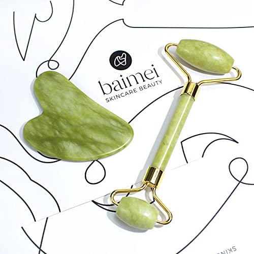 BAIMEI Jade Roller & Gua Sha Set Facial Beauty Tools, Face Roller Skin Massag...